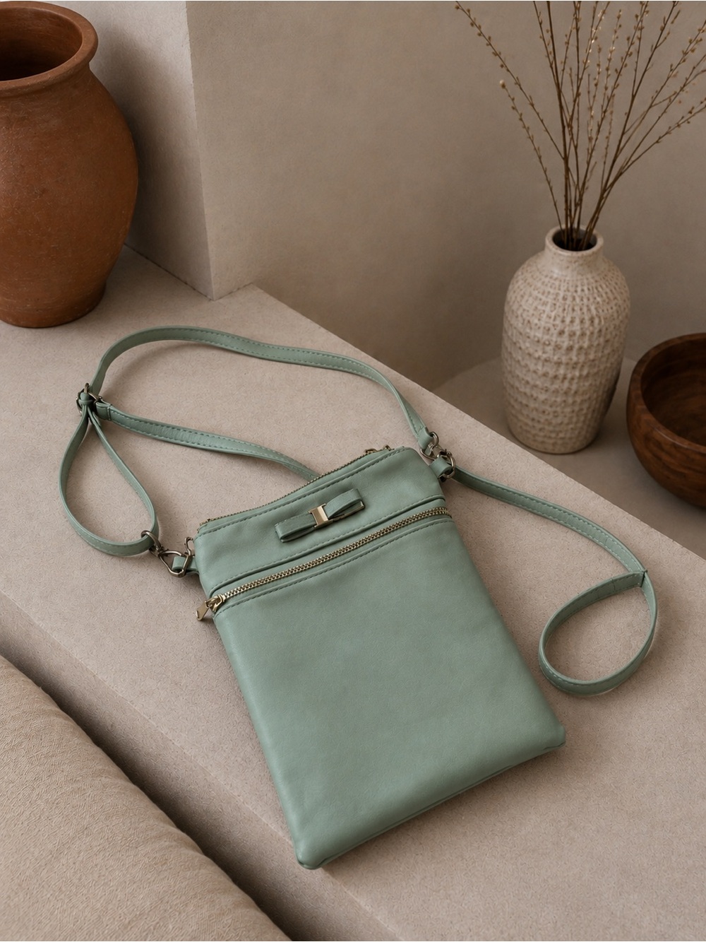 Mint Green Crossbody Bag with Front Zip Pocket